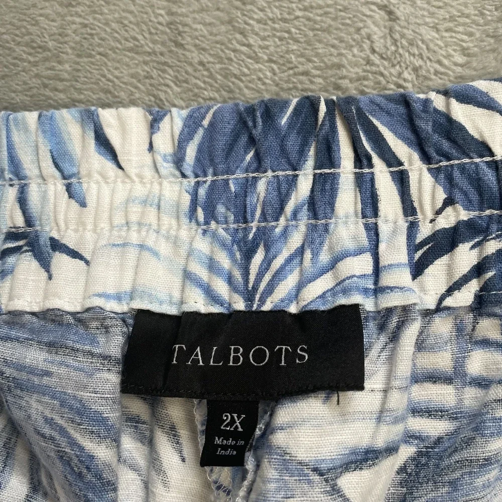 Talbots Linen Blend Shorts 2X Palm Tropical Blue White Pull On Beach